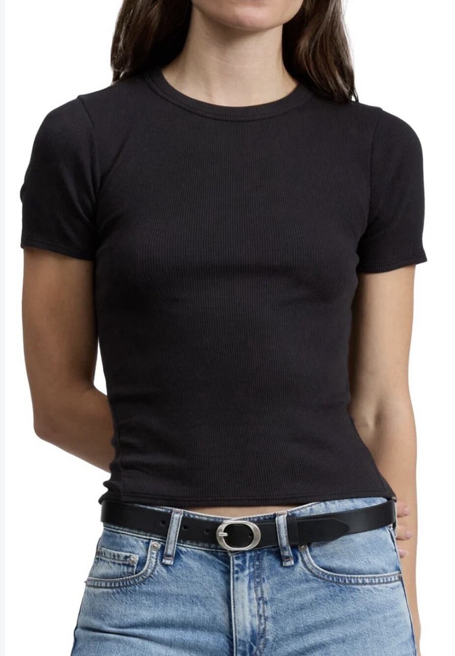 Aritzia TNA Women's Black Knit Crew Sculpt Y2K Cropped T Shirt Tee Top S A011172